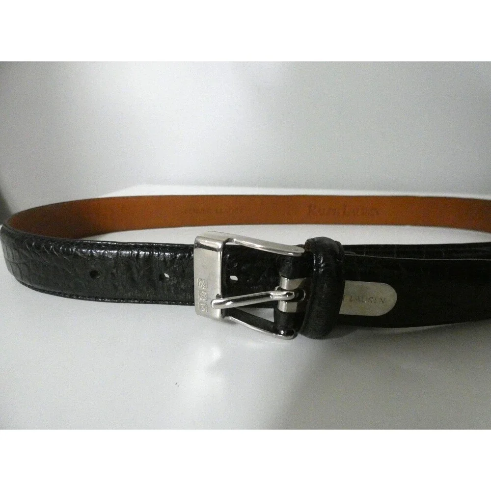 Ralph Lauren Womens S Black Alligator Leather Belt Silver Color Logo Buckle 32